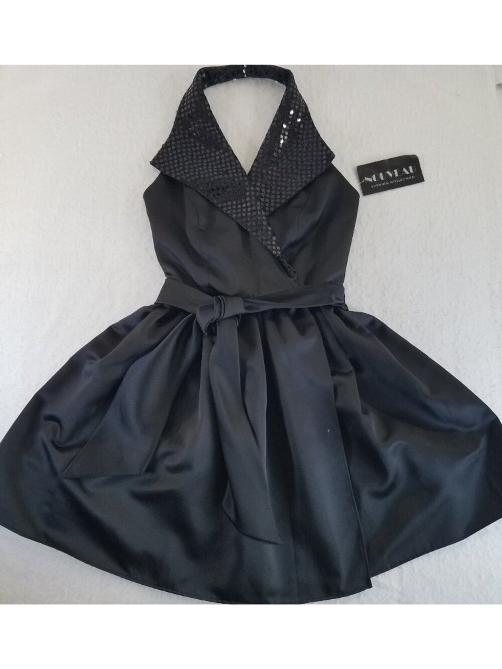 Nouveau Black Satin Halter Cocktail Wrap Dress Sequins SIZE 4 Evening Collection